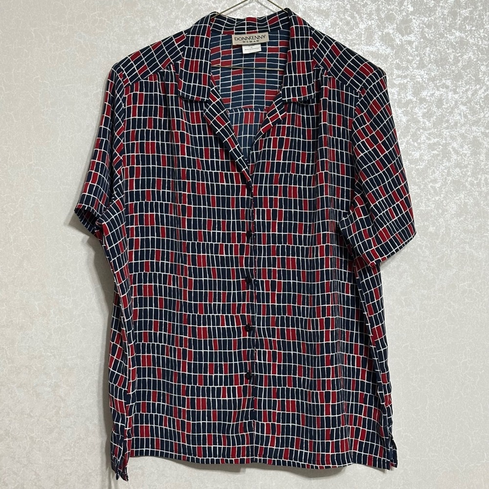 Donnkenny Woman Geometric Grid Button Front Blouse Navy Red White Vintage Sz 2X